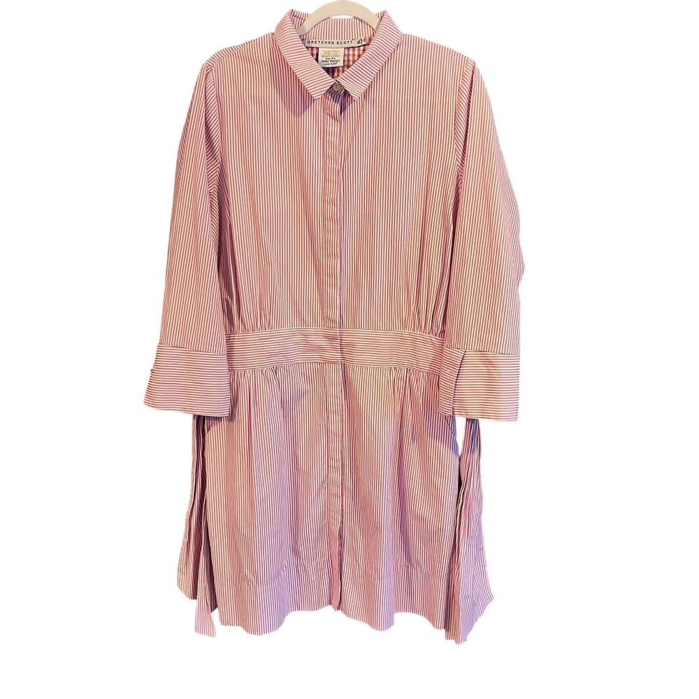 Gretchen Scott Pink and White Striped Shirt Dress XL 3/4 Sleeve Belted Pockets - Picture 2 of 13